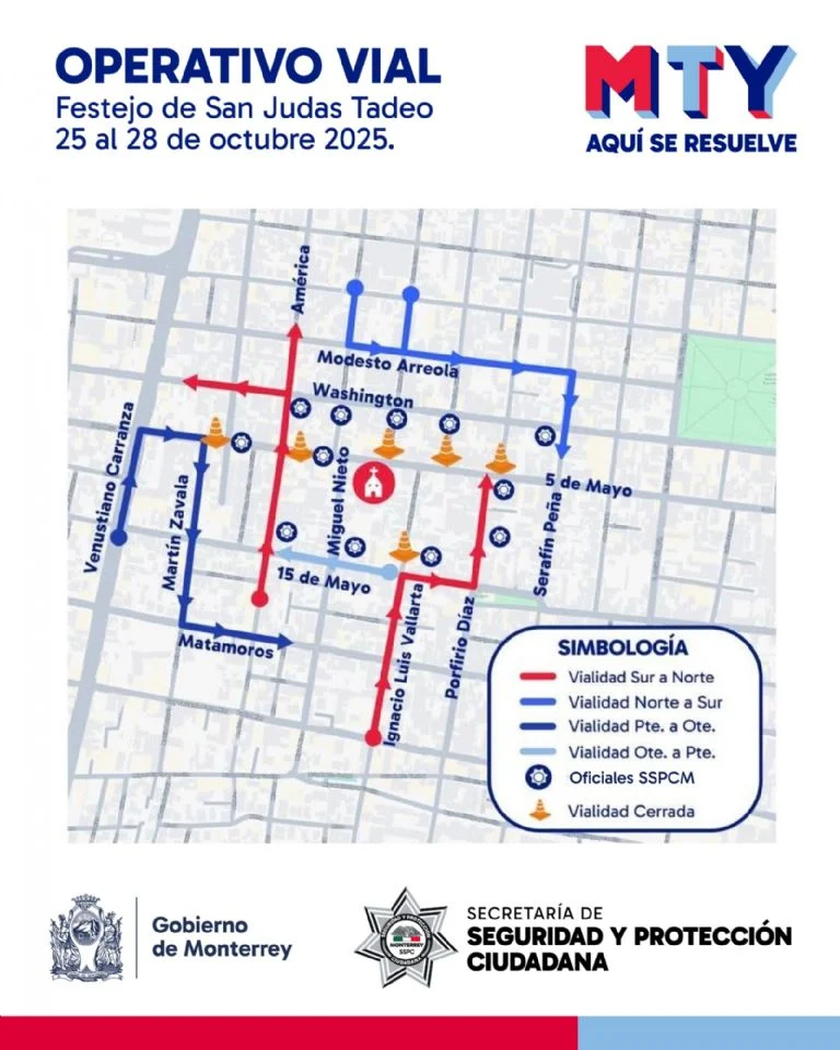 Operativo vial en Monterrey por festejos a San Judas Tadeo: cierres del 24 al 28 de octubre